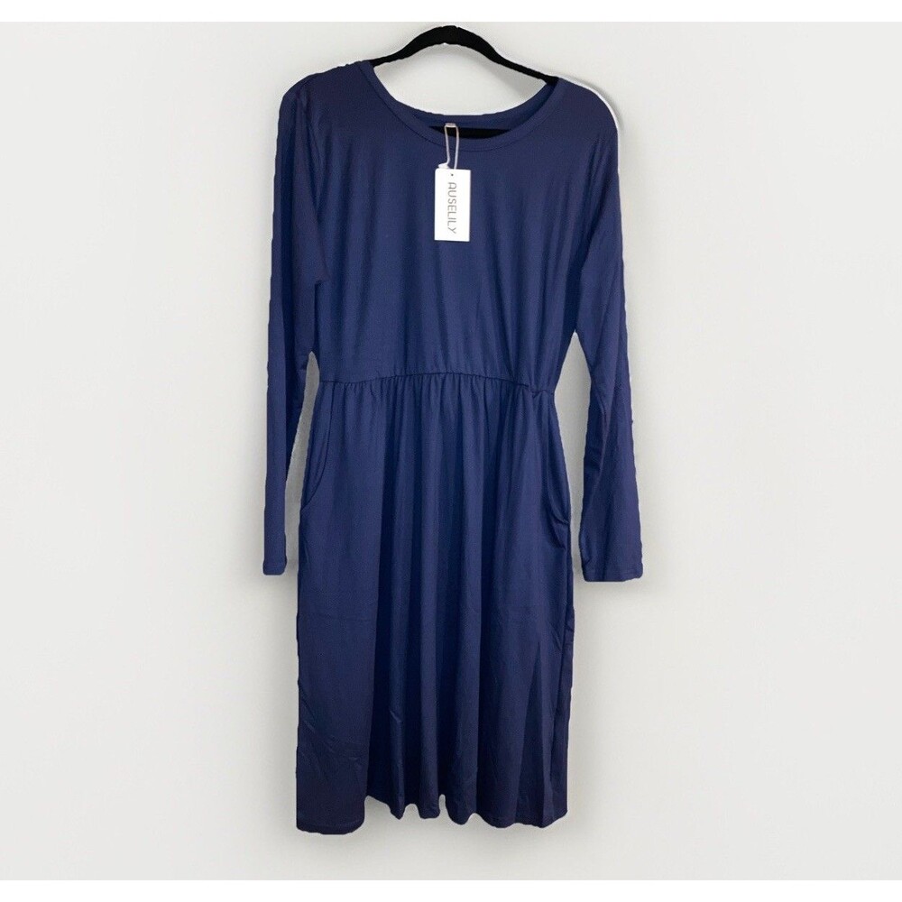 AUSELILY Womens L Navy Blue Long Sleeve Pockets Empire‎ Waist Midi Dress Modest